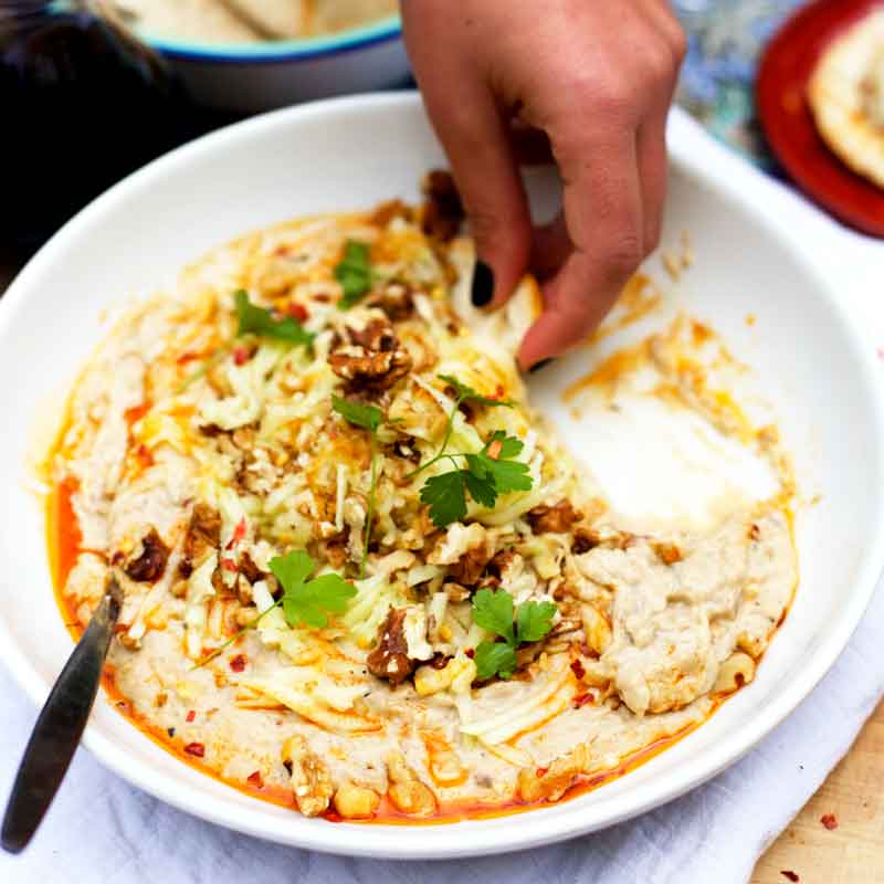 BABA GHANOUSH WITH PICKLED APPLE,-WALNUTS AND PAPRIKA-OIL